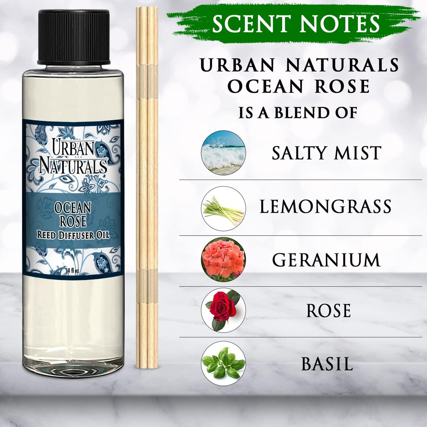 Urban Naturals Reed Diffuser Oil Refill, Ocean Rose Diffuser Oils with Rose, Lemongrass, Basil, 4 oz + Free Reed Sticks, Made in The USA