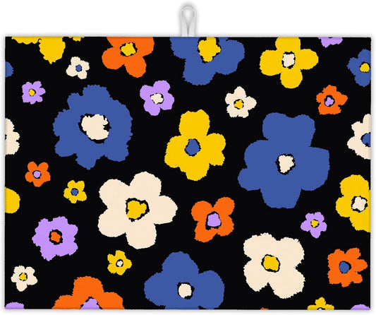 Retro Groovy Hippie Boho Dish Drying Rack Mat for Kitchen Counter,Daisy Flower Dish Drying Pad Absorbent Reversible Microfiber Protector for Coffee Bar Sink Countertops 18x24 Inch
