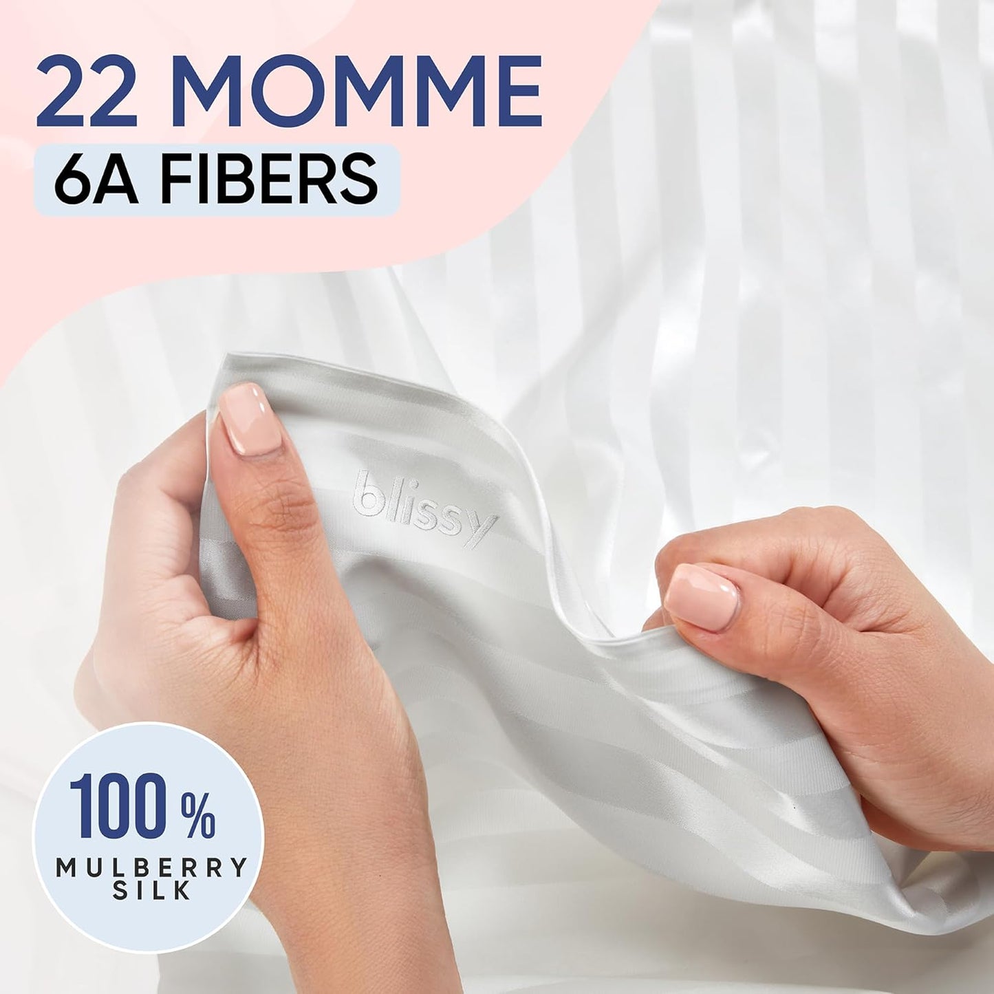 Blissy Silk Pillowcase - 100% Pure Mulberry Silk - 22 Momme 6A High-Grade Fibers - Silk Pillow Cover for Hair & Skin - Regular, Queen & King (White Striped, Standard)