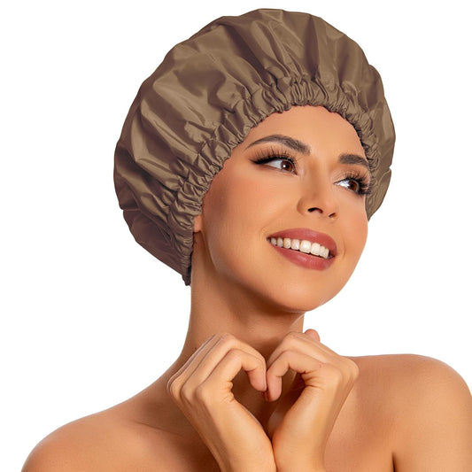 Reusable Shower Cap for Women, Large Waterproof Shower Bonnet Washable Elastic Band Bath Accessories Hair Hat for Long Hair, Braids(Brown)