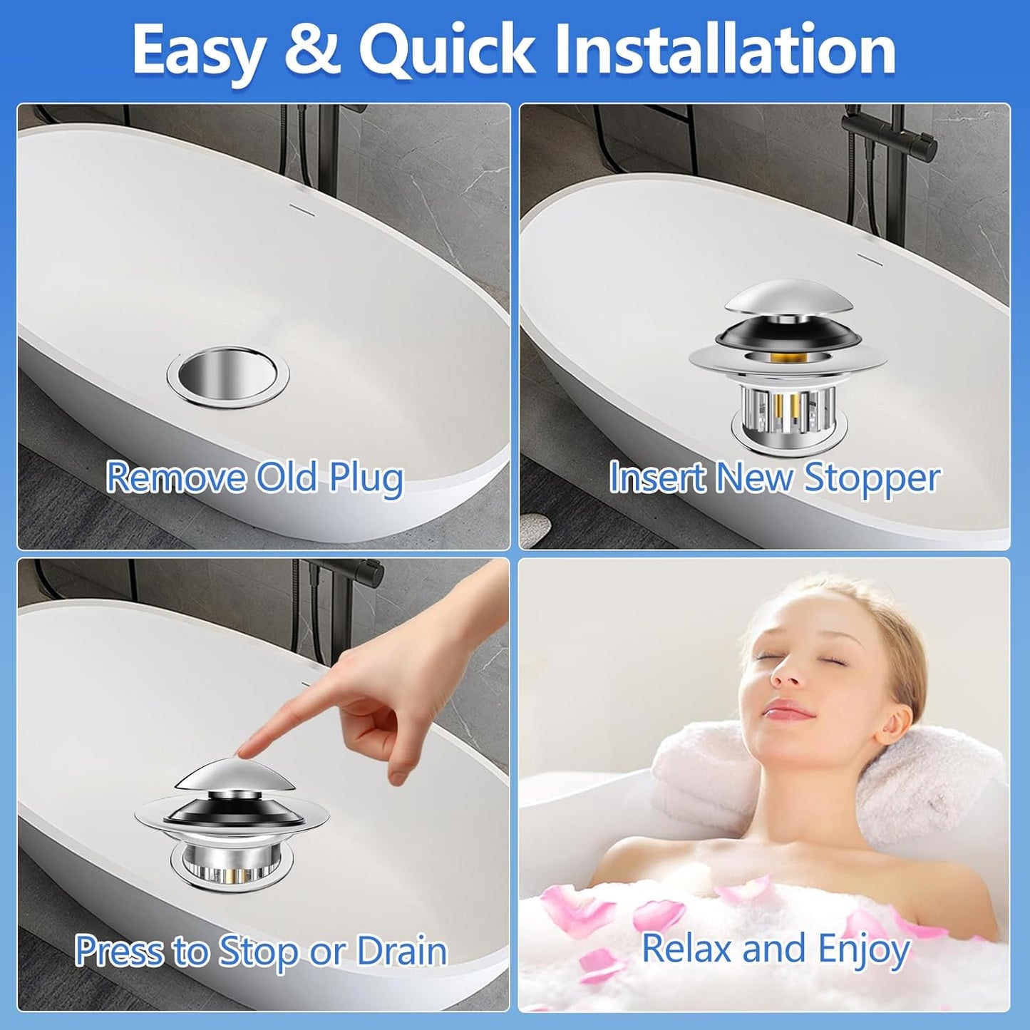 Bathtub Drain Stopper Universal, Pop Up Drain Stopper with Stainless Steel Strainer Basket Hair Catcher, Anti-Clogging Design, Leak-Proof Silicone Ring, for Bath/Sink (1 Pack Tub Drain Stopper)