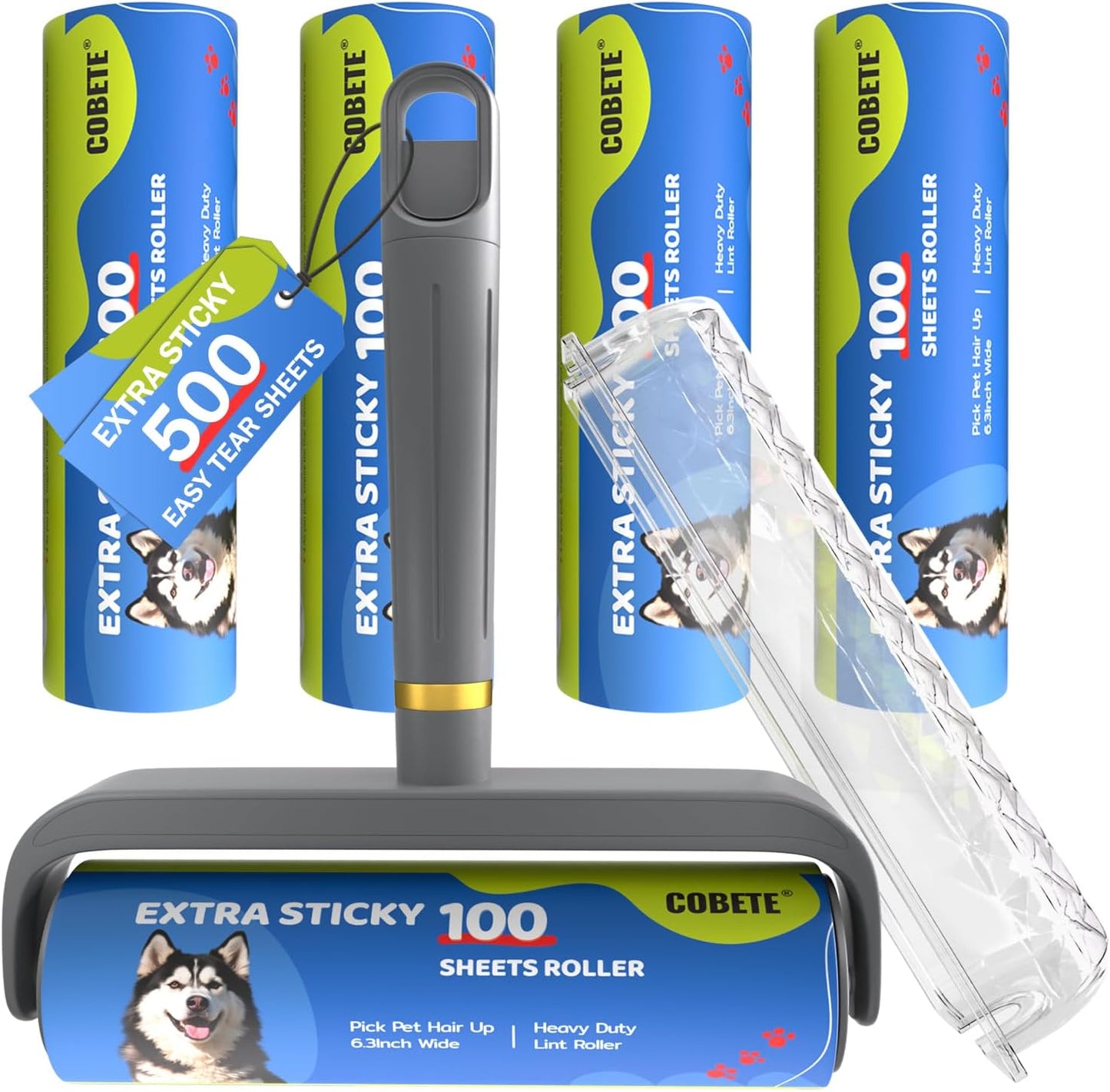 COBETE Large Surface Lint Rollers for Pet Hair Extra Sticky, 500 Sheets Mega Value Set, Dog and Cat Lint Remover for Clothes, Couch, Furniture