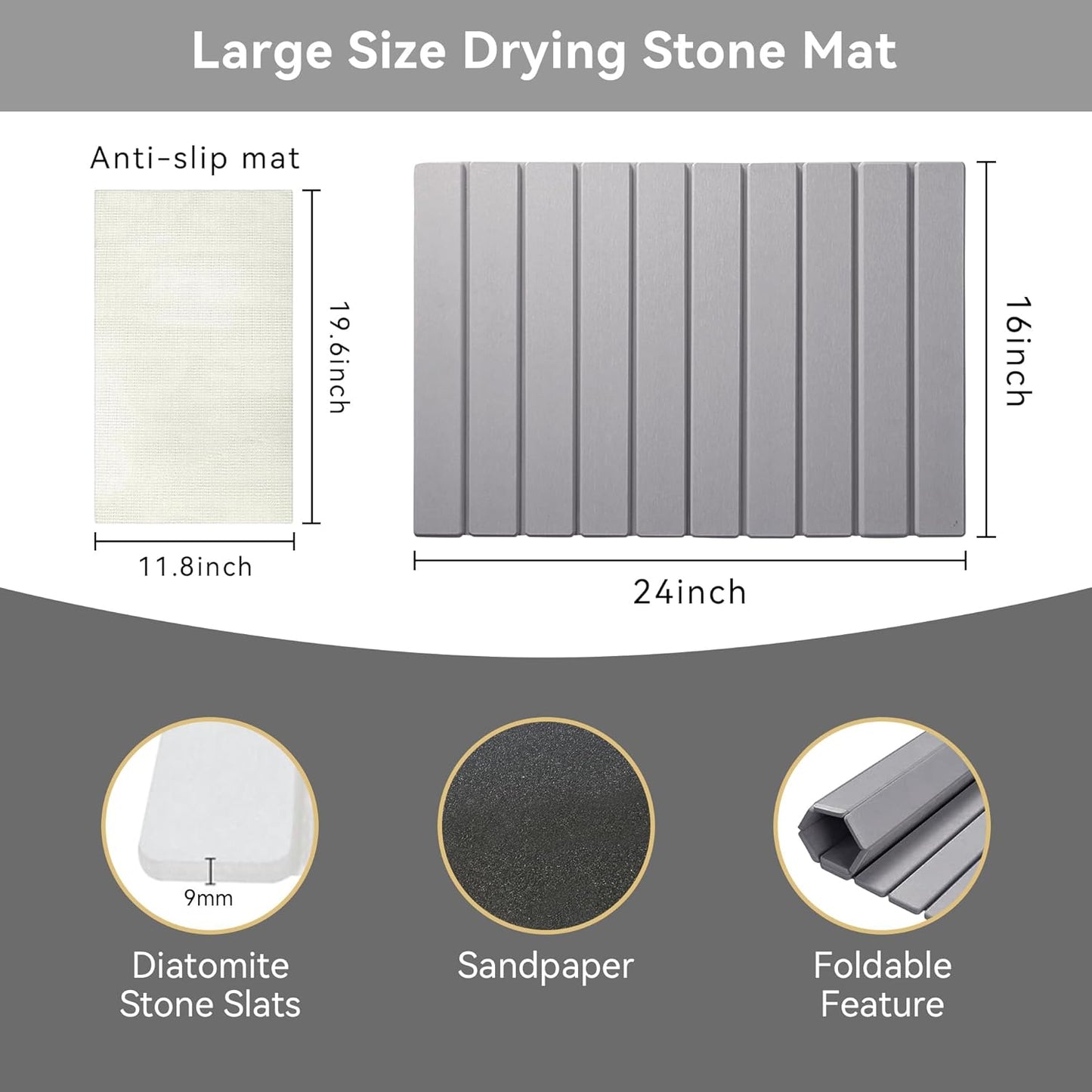 Large Fast Dry Stone Mat, 24" x 16" Drying Board Diatomaceous for Kitchen Counter, Dish Drying Mat, Bathroom Absorbent Pad, Drying Stone Mat for Kitchen, Utensils, Vegetable, Fruits, Gray