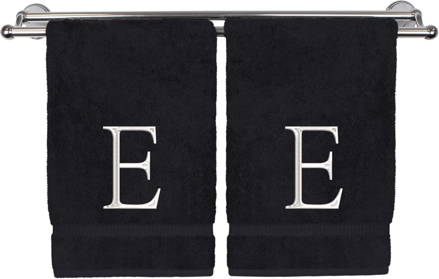 Monogrammed Hand Towel, Personalized Initial Gift, Extra Absorbent 100% Turkish Cotton - Soft Terry Finish - Set of 2 - White Block Initial E - Embroidered on Black Towels