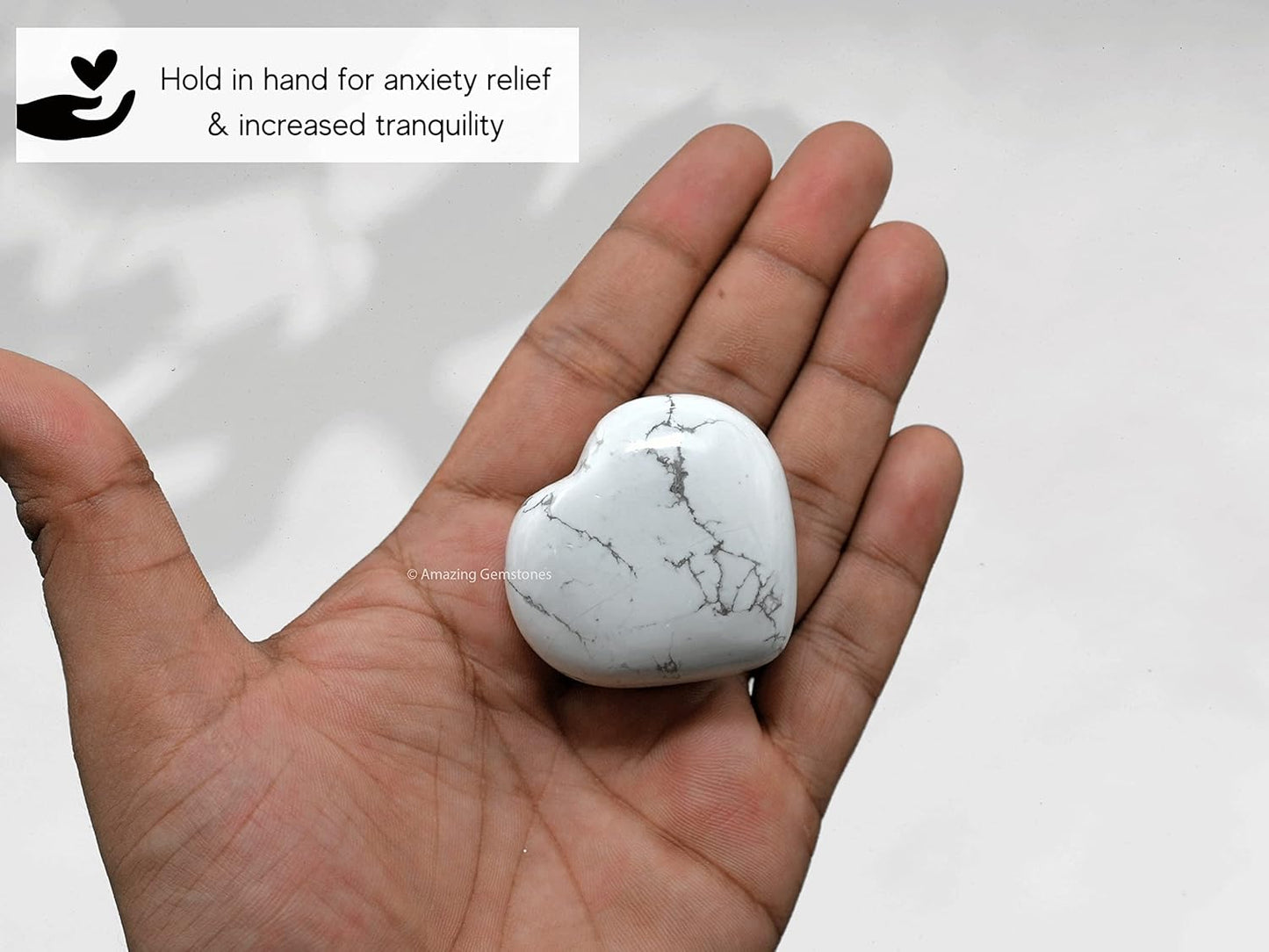 Howlite Crystal Heart Palm Stone - Pocket Massage Worry Stone for Natural Body Chakra Balancing, Reiki Healing and Crystal Grid