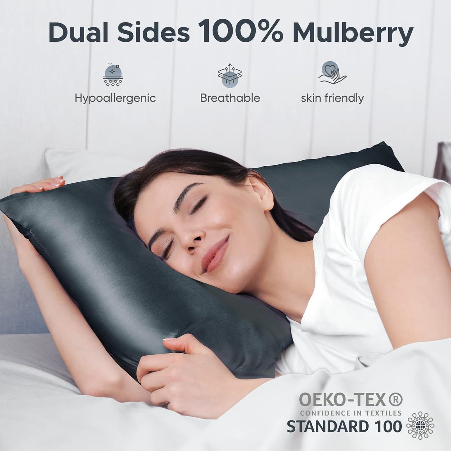 100% Pure Mulberry Silk Pillowcase for Hair and Skin - Allergen Resistant Dual Sides,600 Thread Count Silk Bed Pillow Cases with Hidden Zipper,1pc,Standard Size,Space Grey