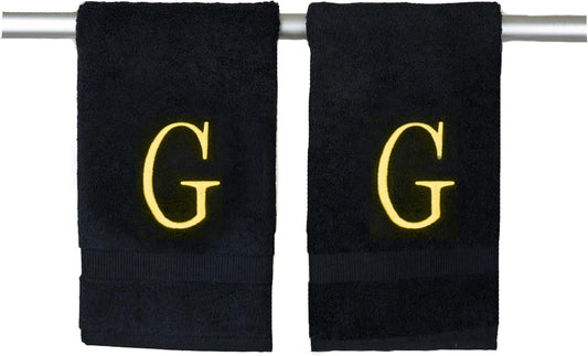 Black Powder Room Hand Towel - Monogram Initial Hotel Quality Decorative Embroidered Luxury Towel for Spa - GOTS Organic Certified - Pack of 2 - Letter G