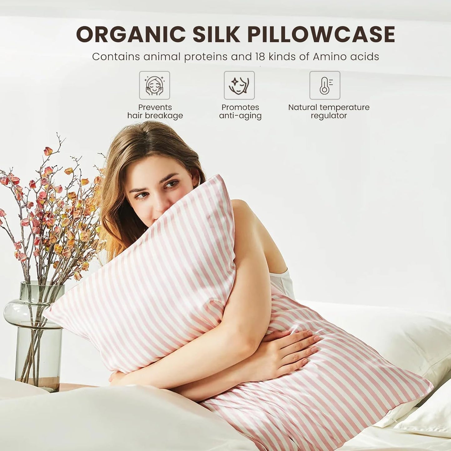 THXSILK Mulberry Silk Pillowcase for Hair and Skin Health, Grade 6A+ Mulberry Silk Pillowcase with Hidden Zipper, Soft and Breathable, 1pc (Standard 20"x26", Pink White Stripes)