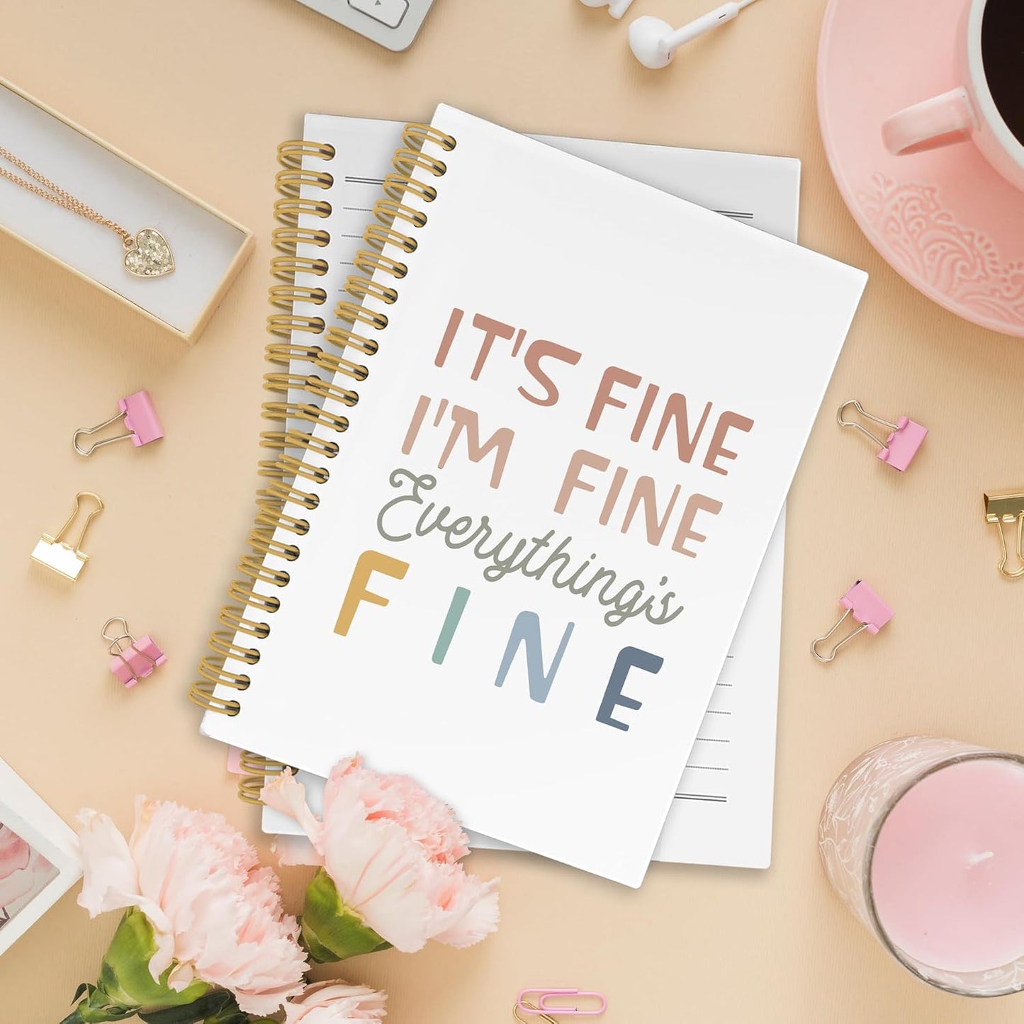 It's Fine I'm Everything Is Fine Spiral Notebook, Funny Journaling Notebooks for Women Men, Humorous Hardcover Journals for Office 160 Pages 5.5 x 8.3 Inch, Sarcastic Gifts for Coworkers