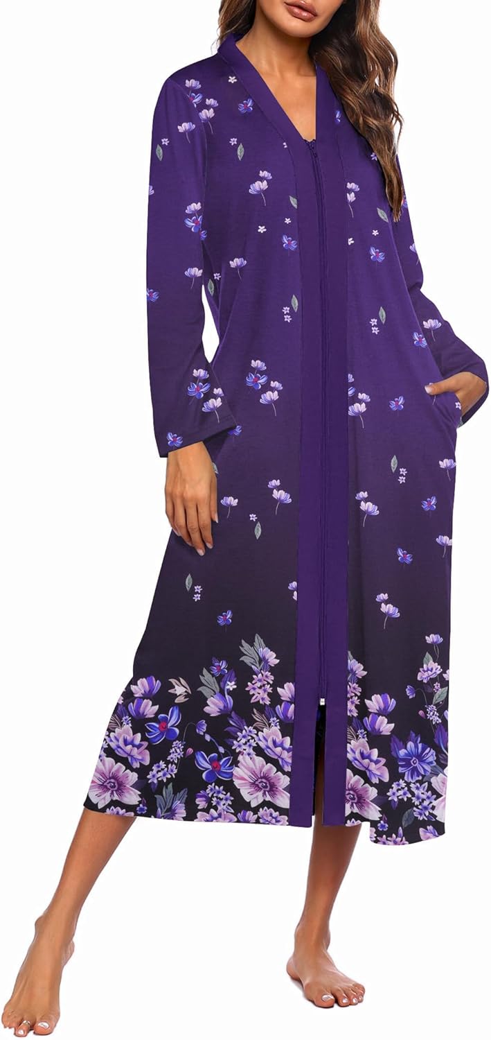 Ekouaer Women Zipper Robe Long Sleeve Loungewear Lightweight Housecoat Full Length Nightgown with Pockets