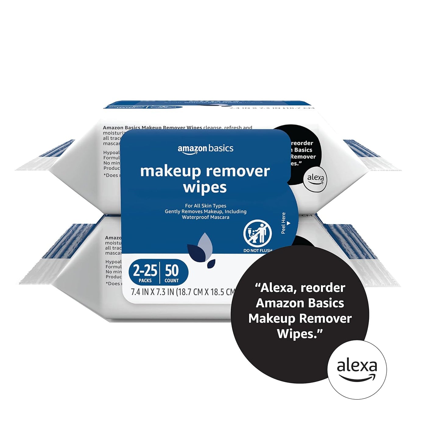Amazon Basics Makeup Remover Wipes, Gentle Cleansing, Dermatologist Tested, Original, Plant Based, Alcohol Free, Removes Waterproof Mascara, 25 Count Per Pack, Pack of 2 (Previously Solimo)