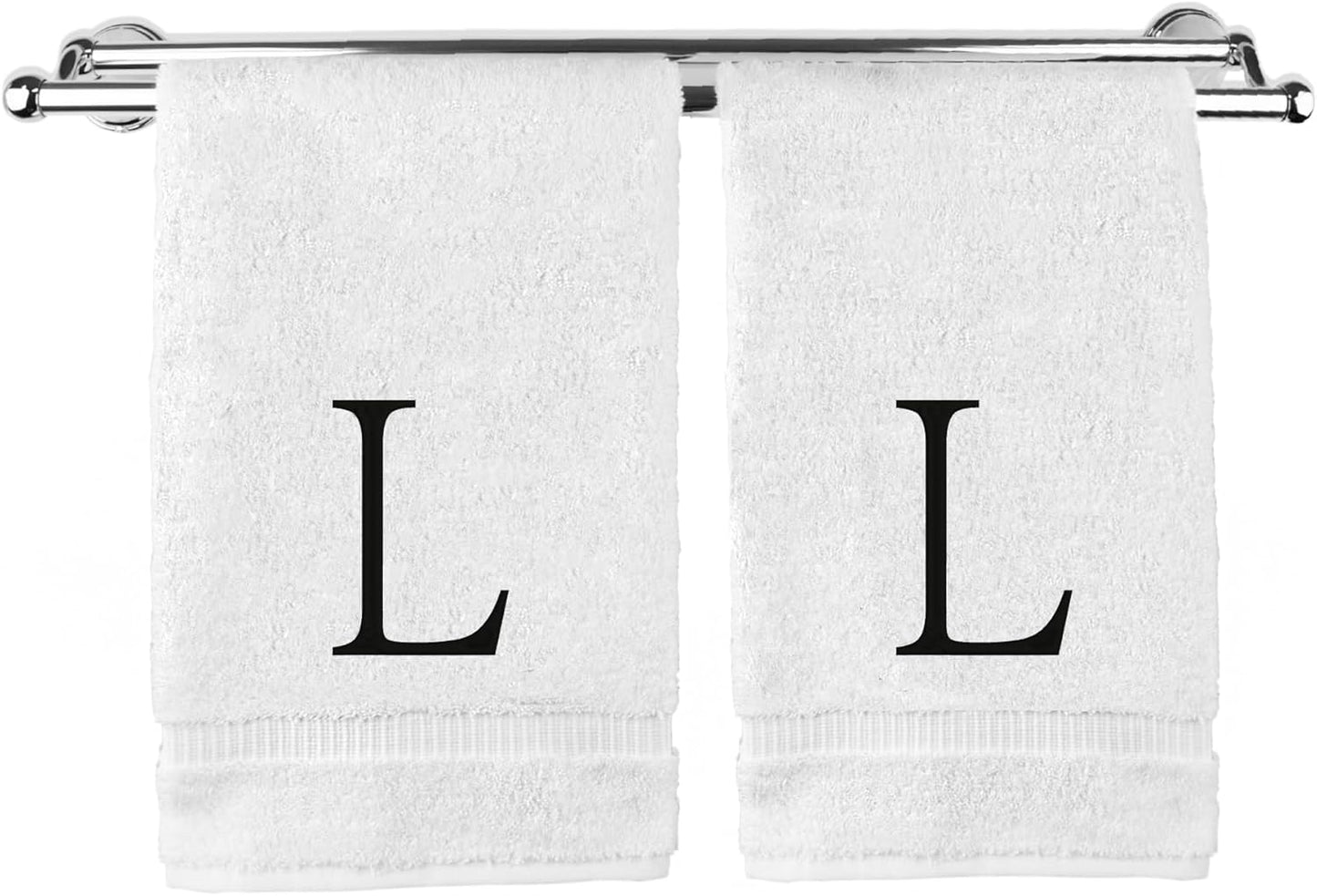 Monogrammed Hand Towel, Personalized Initial Gift, Extra Absorbent 100% Turkish Cotton - Soft Terry Finish - Set of 2 - Black Block Initial L - Embroidered on White Towels