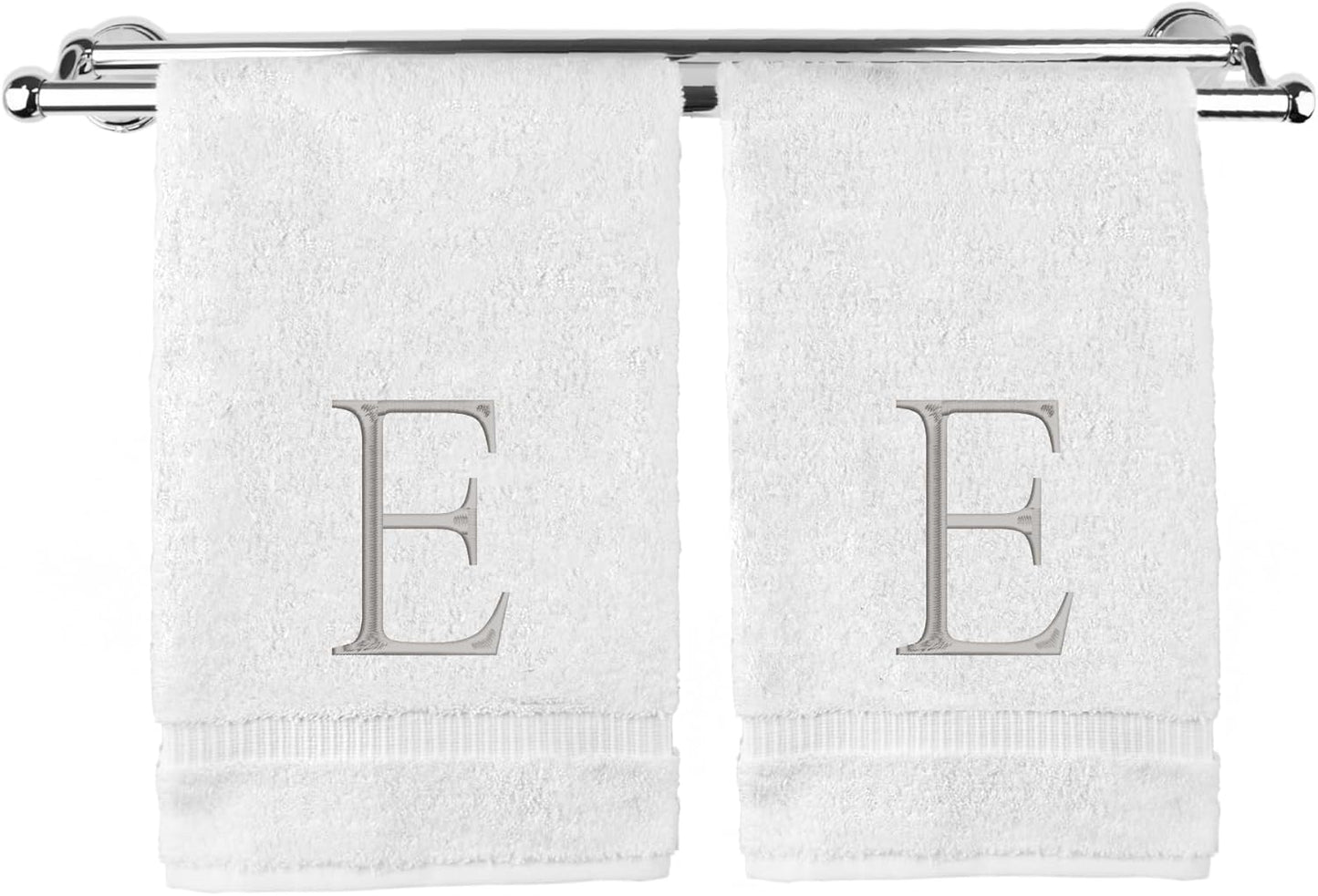 Monogrammed Hand Towel, Personalized Initial Gift, Extra Absorbent 100% Turkish Cotton - Soft Terry Finish - Set of 2 - Silver Block Initial E - Embroidered on White Towels