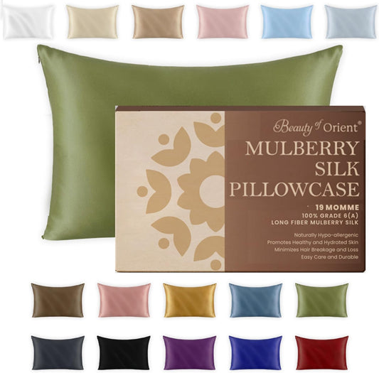 19 Momme Premium Mulberry Silk Pillowcase for Hair and Skin | Handcrafted Hypoallergenic & Anti-Acne Green Silk Pillow Cases with Zipper | Standard - 20" x 26", Jungle