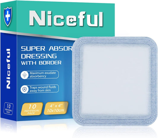 10 Count Super Absorbent Dressing Pads 4"x 4" - Non Stick Gauze Pads for Wound Care, Wound Bandages for Pressure Ulcers, Bedsores & Exudate Management