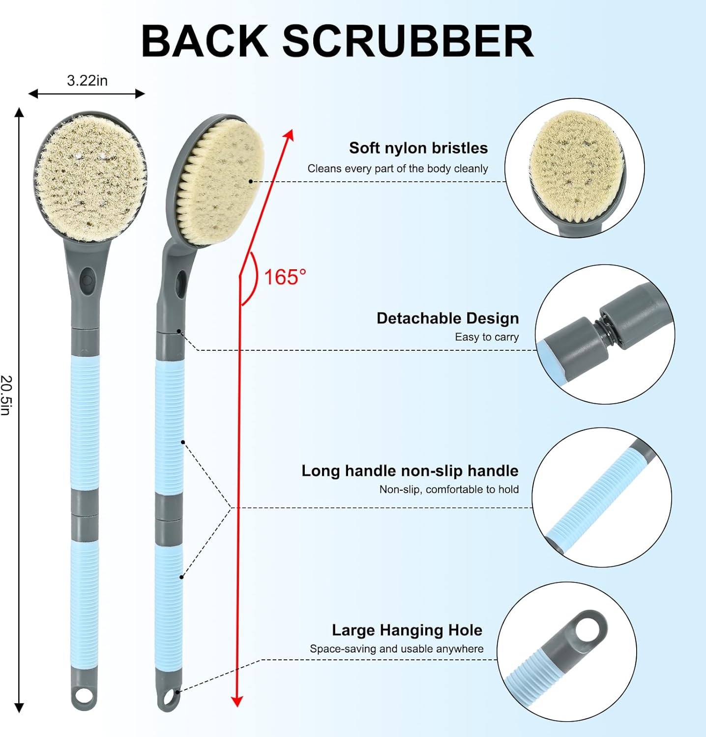 Back Scrubber Anti Slip for Shower, 21.7” Detachable Back Bath Brush for Shower, Back Scrubber, Exfoliation and Improved Skin Health for Elderly with Limited Arm Movement, Disabled (21.7” Grey)