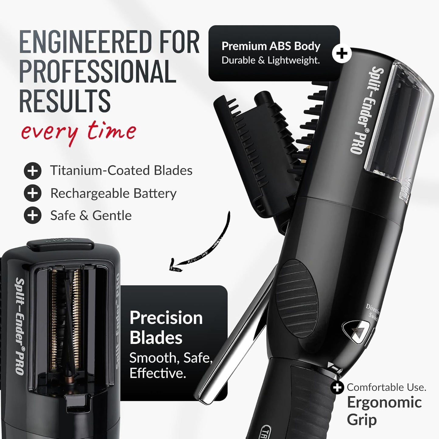 Split-Ender PRO - Original Professional Beauty Tool - Cordless Split End Hair Trimmer for Damaged, Dry, Brittle, Frizzy, Curly or Straight Hair (Black, Professional Kit)