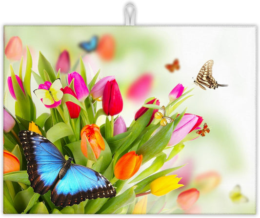 Tulips Flowers Dish Drying Mat for Kitchen Counter Decor,Beautiful Butterfly Dish Drying Rack Pad Absorbent Reversible Microfiber for Coffee Tableware Sink Countertop 18x24 Inch