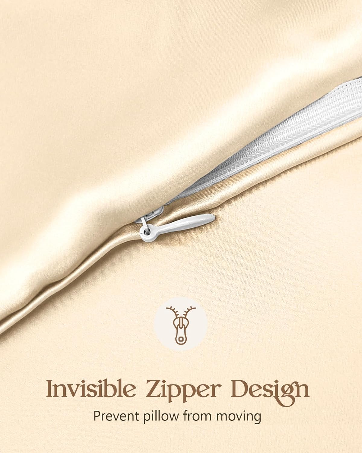 Silk Pillowcase 2 Pack - Pillow Cases Standard Set of 2 Size 20" x 26" for Hair and Skin Smooth Soft Breathable with Hidden Zipper Cooling Pillow Covers for Sleeping Women, Beige