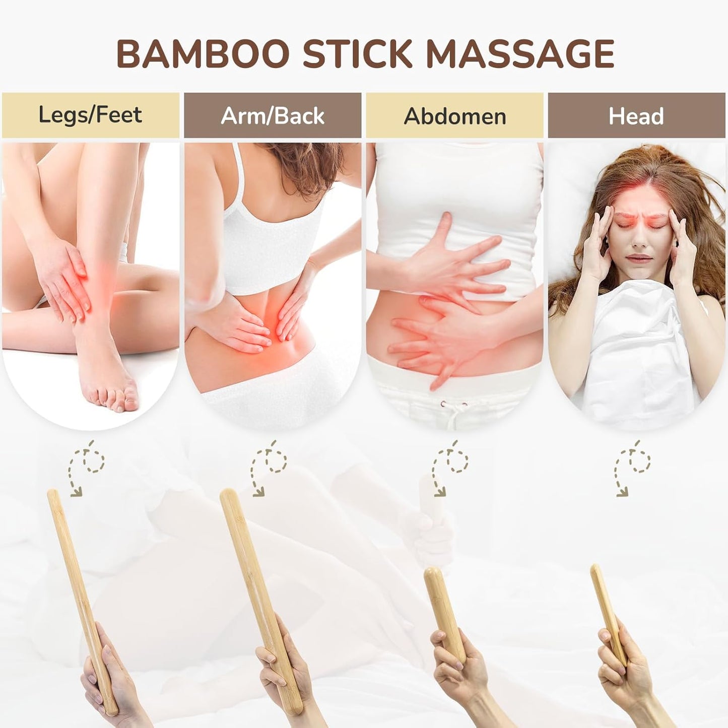 4PCS Solid Bamboo Massage Sticks & Guasha Set with Roller/Stick - 100% Bamboo Therapy Tools for Neck/Arm/Back/Legs/Full Body, Deep Tissue Massage, Muscle Relaxation, Body Shaping, Fatigue Relief