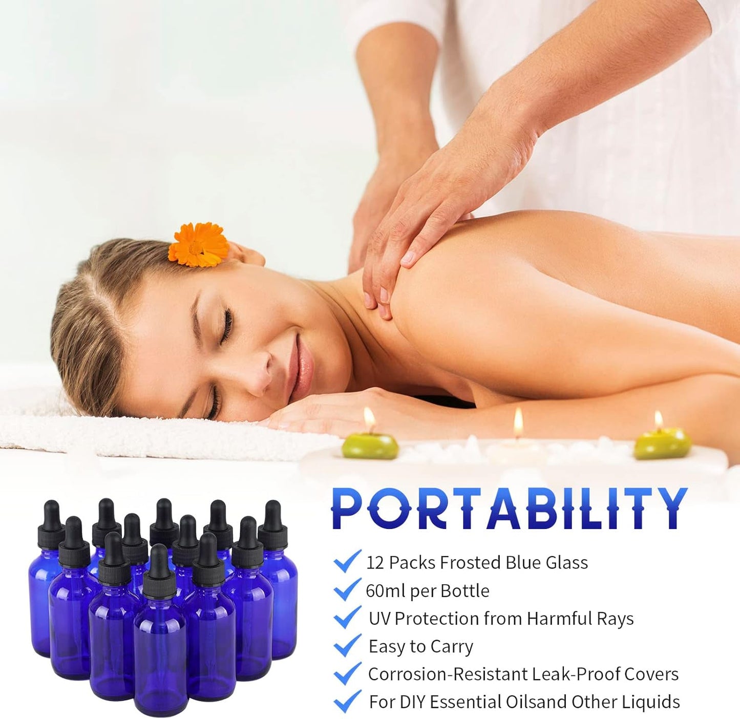 12 Pack Blue Glass Dropper Bottle, 2 oz, with Eye Measuring Dropper and Gold Cap, Leak Proof Travel Bottle for Essential Oils/Chemistry Lab Chemicals/Cologne and Perfume