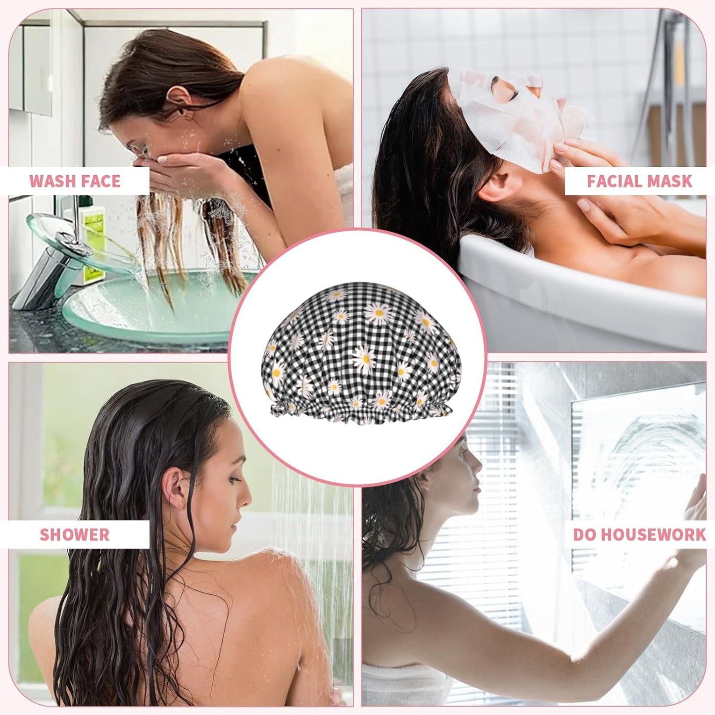 Daisy Shower Caps Black Checkered Dual-Layer Waterproof Bath Hat Flower Reusable Hair Caps Elastic Hair Hat for Shower Cooking Clean Makeup Travel