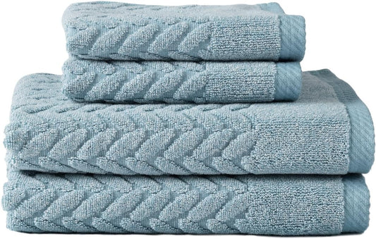 Texere 100% Organic Cotton Cable Jacquard 650 GSM Luxury Towel Sets - Ultra Soft and Absorbent Hotel and Spa Quality (Cable, Smoke Blue, 2 Hand & 2 Face Towels)
