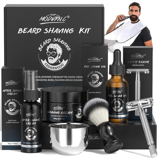 8Pcs Shaving Kit for Men Gift Basket for Christmas Birthday Father's Day Includes Pre-Shave Oil Shaving Cream After Shave Cream 10pcs Razor Blades Safety Razor Shaving Bowl Shaving Brush Beard Bib