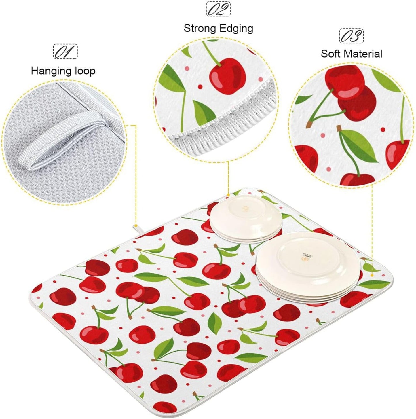 Cherry Fruits Dish Drying Mats for Kitchen 18x24 inch Drying Mat Absorbent Microfiber Dish Mat Drainer Rack Mats Fast Dry for Kitchen Counter