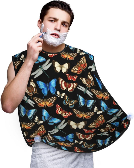 Non-Stick Beard Bib for Shaving, Moth Bee Butterfly Pattern Shave Bib, Waterproof Hair Catcher with Suction Cups, Grooming Apron Men Husband