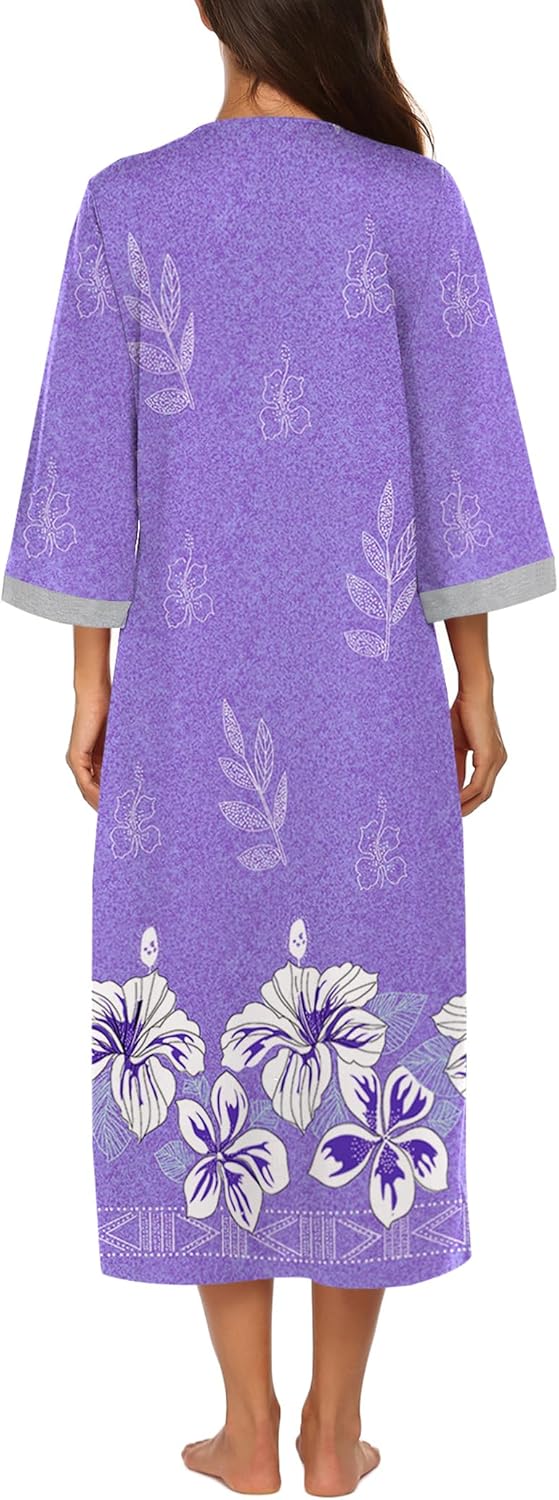 Ekouaer Women Zipper Robe 3/4 Sleeves Loungewear Dress Full Length Sleepwear Pockets Housecoat Nightgown Long Bathrobe