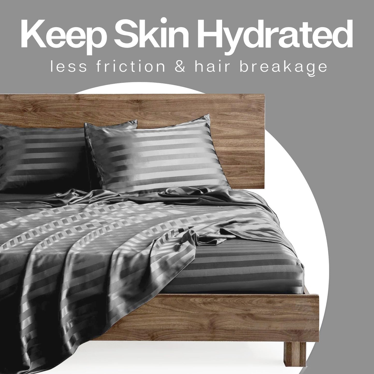 MR&HM Satin Pillowcase for Hair and Skin, Silk Satin Pillowcase 2 Pack, Standard Size Pillow Cases Set of 2, Silky Pillow Cover with Envelope Closure (20x26, Dark Grey Striped)