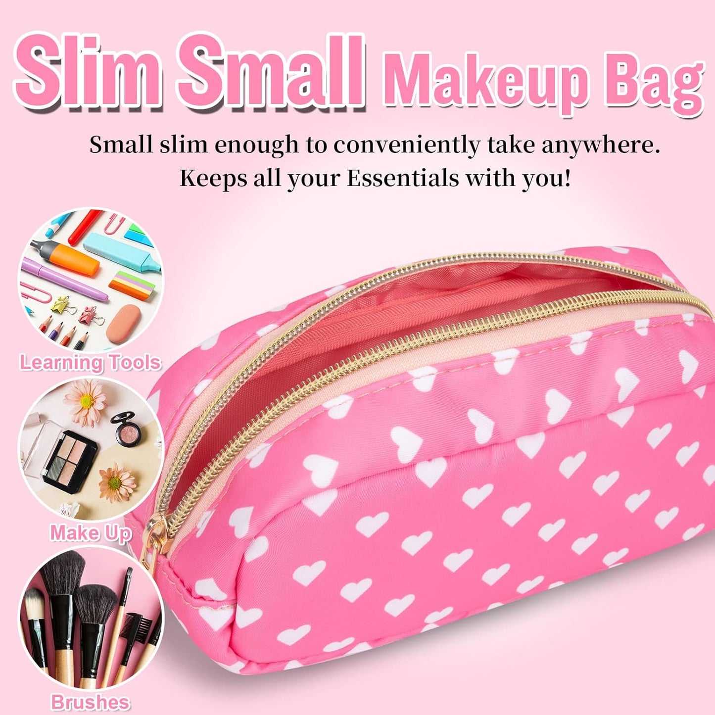 Nylon Slim Makeup Bag, Pink Heart Makeup Brush Case, Preppy Cosmetic Zipper Pouch for Purse, Travel Toiletry Bag Clutch Coin Pouch Makeup Organizer for Women Girls