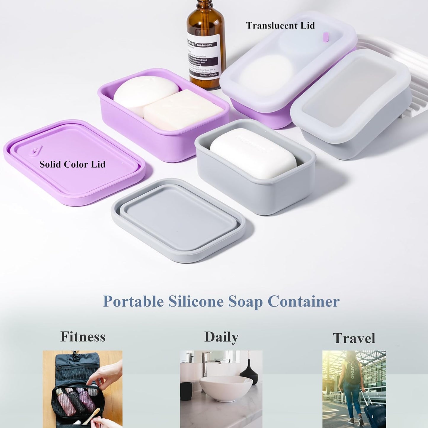 2PC Portable Leakproof Travel Soap Case, Silicone Travel Soap Case, Compact Soap Holder with Drainage Layer, Travel Soap Holder for Camping, Gym, Outdoor Purple&Gray