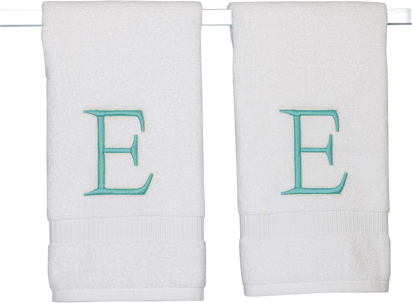 White Monogram Hand Towel for Bathroom - Monogrammed Initial Hotel Quality Decorative Embroidered Luxury Towel for Powder Room, Spa - GOTS Organic Certified - Set of 2 Teal Letter E