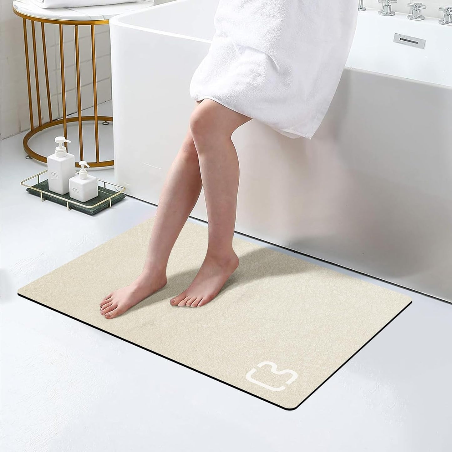 Diatomaceous Earth Bath Mat Super Absorbent Diatomite Stone Bath Mats for Bathroom Non Slip Rubber Backed Quick Drying Thin Bathroom Rugs Floor Mat, Machine Washable, 17" x 27.5", Beige