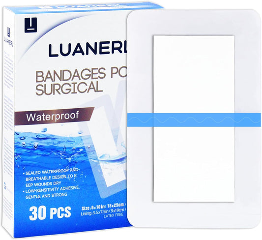 30 Pack 6"x10" Waterproof Adhesive Island Dressing for Post-Surgery Recovery | Sterile Bordered Gauze Bandages with Non-Stick Pad for Knee/Hip Replacement, Surgical Incision Care & Shower Protection