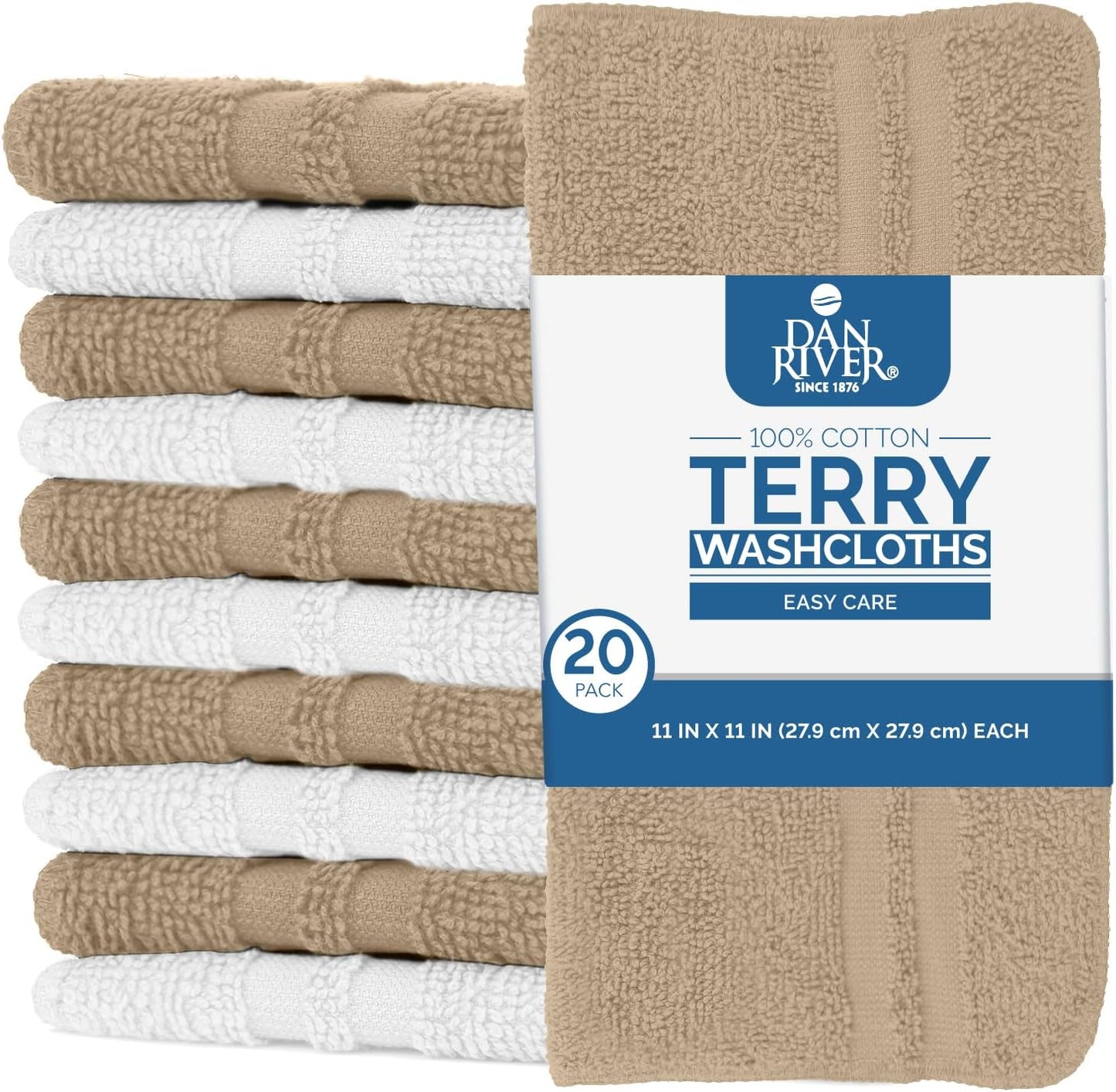 DAN RIVER 100% Cotton Washcloths 20 Pack Premium Quality Face and Body Cloth, Quick Dry Essential Towels for Bathroom, Hand, Kitchen & Cleaning, Baby Washcloths | 11X11 in | 400 GSM | Tan + White