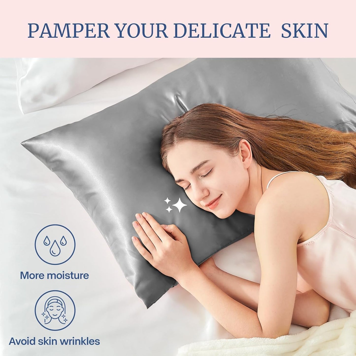 BEDELITE Satin Pillowcase for Hair and Skin, Super Soft and Cooling Similar to Silk Pillow Cases 2 Pack with Envelope Closure, Gift for Women Men(20"x26" Standard Size, Grey)