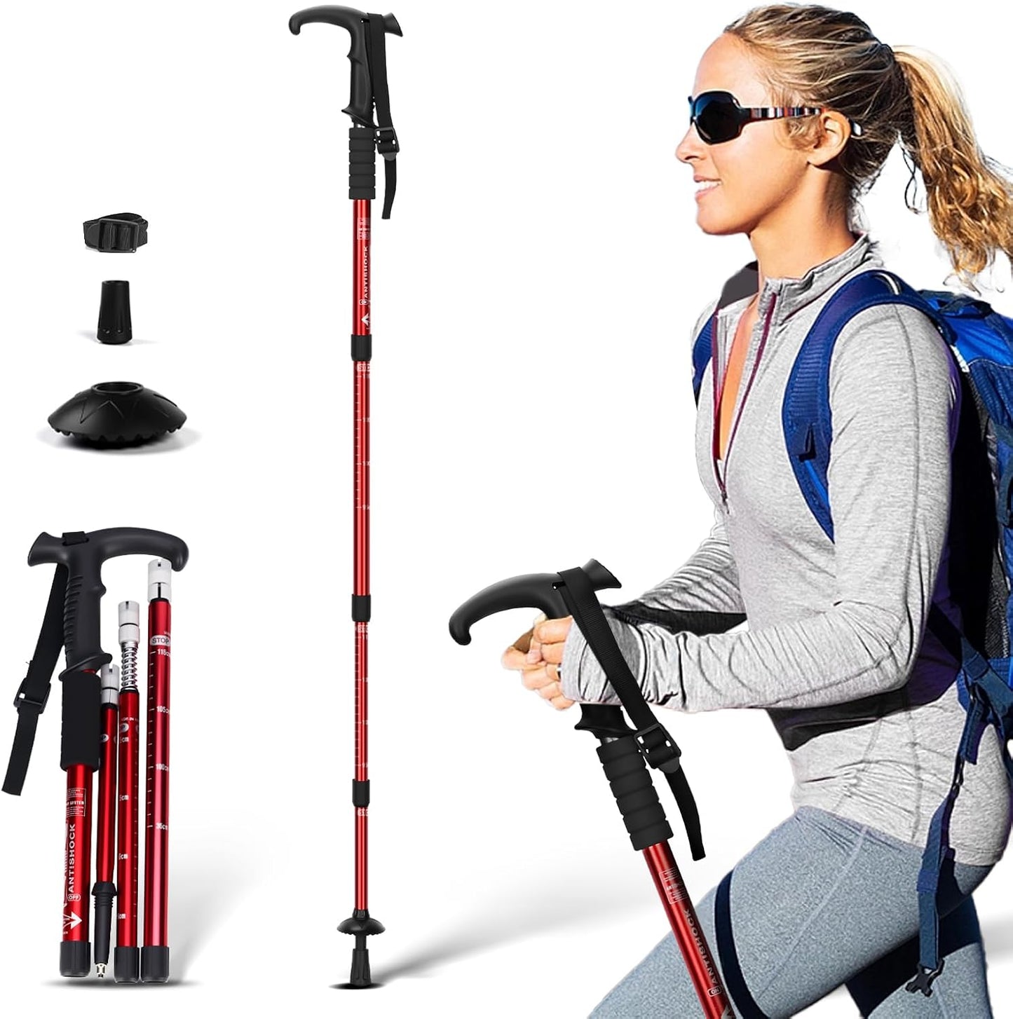 Telescopic Walking Cane 43 Inch with Anti-Shock & T-Grip Handle - 7075 Aluminum Quick Lock Trekking Pole, Ultralight for Hiking, Camping, Mountaineering
