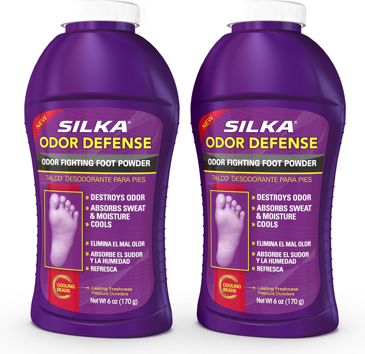 SILKA Odor Fighting Foot Powder & Shoe Deodorizer with Corn Starch Powder, Talc & Cooling Beads for Lasting Freshness, Absorbs Sweat & Excess Moisture, 6 Oz (PACK OF 2)