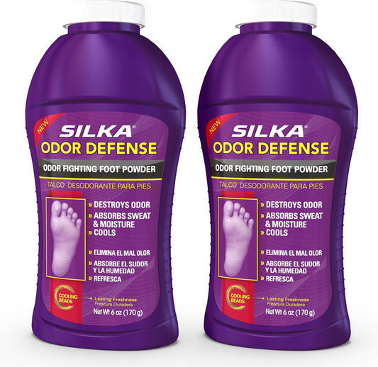 SILKA Odor Fighting Foot Powder & Shoe Deodorizer with Corn Starch Powder, Talc & Cooling Beads for Lasting Freshness, Absorbs Sweat & Excess Moisture, 6 Oz (PACK OF 2)