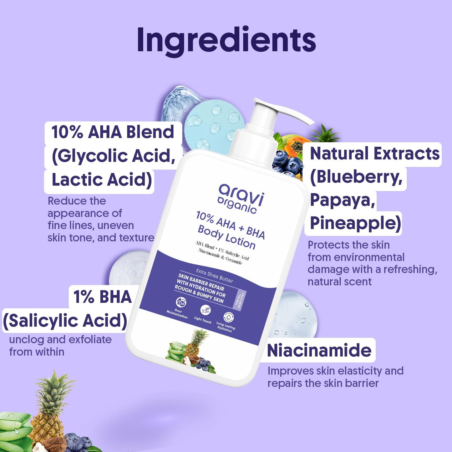 Aravi Organic 10% AHA + 1% BHA Exfoliating Body Lotion - Glycolic & Lactic Acid Body Lotion with Niacinamide - Smooths Rough & Bumpy Skin with Anti-Aging - 6.76 Fl Oz / 200ml