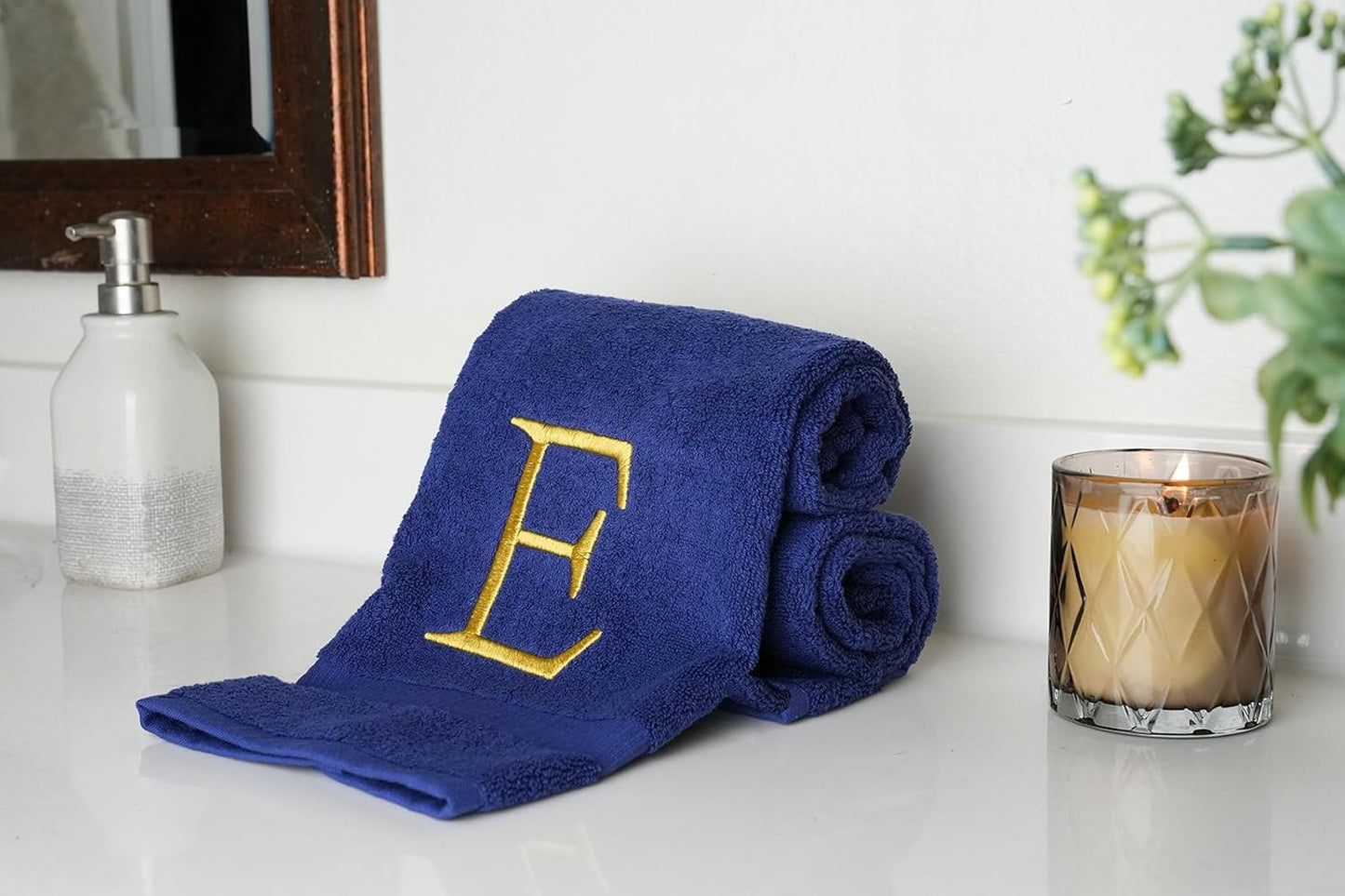 Navy Monogram Hand Towel for Bathroom - Monogrammed Initial Hotel Quality Decorative Embroidered Luxury Towel for Powder Room, Spa - GOTS Organic Certified - Set of 2 Letter E