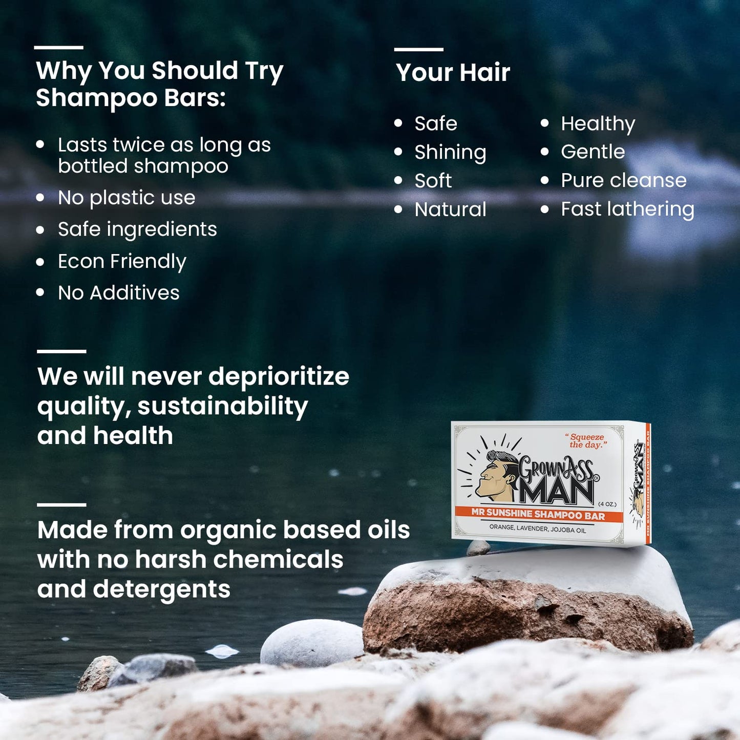 Grown Ass Man Co. - Solid Shampoo Bar Rich Lather 3 in 1: Hair, Beard & Body Wash - Plastic Free & Eco-Friendly, Natural & Organic Clean for All Hair Types, 4oz Bar (Mister Sunshine, 6-Pack)