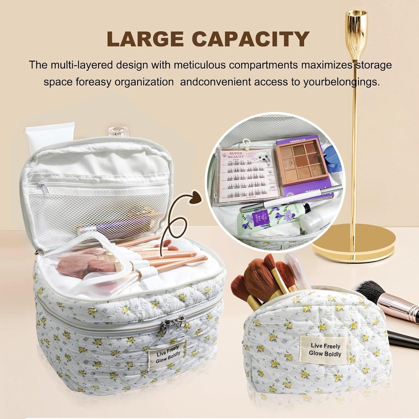 3Pcs Large Travel Quilted Makeup Bag, Double Layer Cute Floral Cotton Toiletry Bag, Aesthetic Flower Cosmetic Bag Coquette Skincare Organizer Bag for Women (76-YellowFloral)