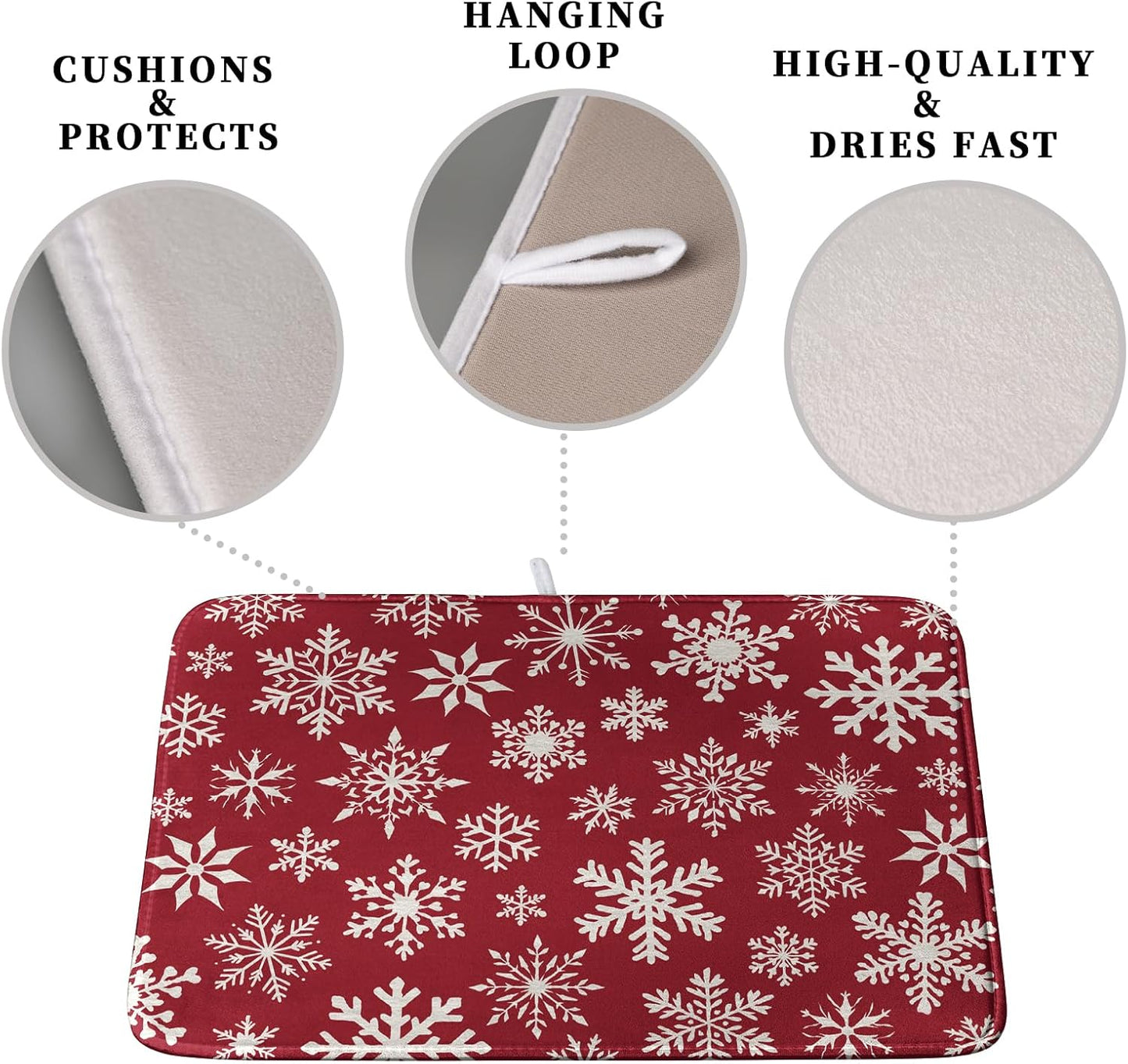 Christmas Snowflakes Dish Drying Mat for Kitchen Counter 18x24 Inch Red White Winter Xmas Pattern Dish Drying Pad for Dishes Microfiber Absorbent Dish Drainer Rack Mats for Countertop