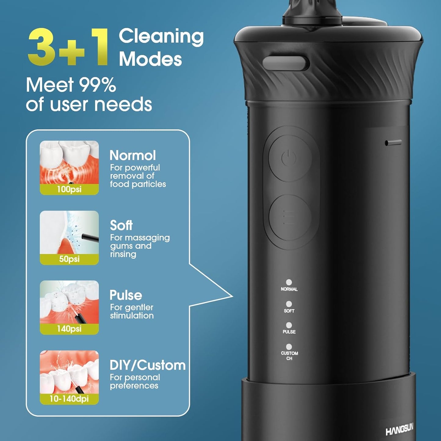 HANGSUN Portable Travel Water Flosser - Compact Cordless,30 Days Battery, Deep Plaque Removal, 4 Modes with DIY, 6 Nozzles for Sensitive Gums&Braces, IPX7, Telescopic 180ml Tank, Rechargeable, Black