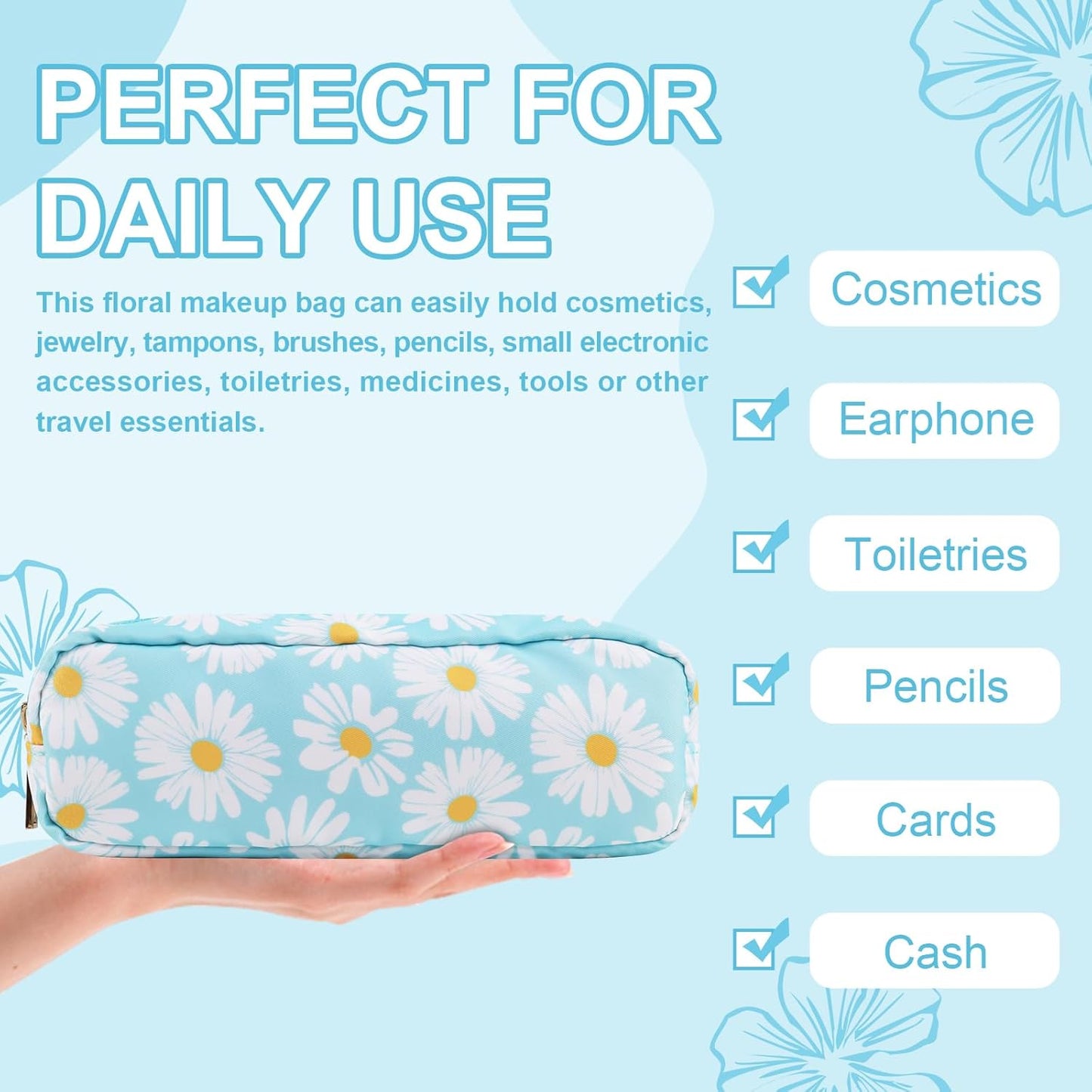 Waterproof Small Floral Pencil Case Makeup Bag for Purse,Cute Flower Pencil Pouch Preppy Nylon Makeup Brush Holder with Zipper,Girls Portable Storage Case Small Pen Bag for Work(Slim Blue-Daisy)