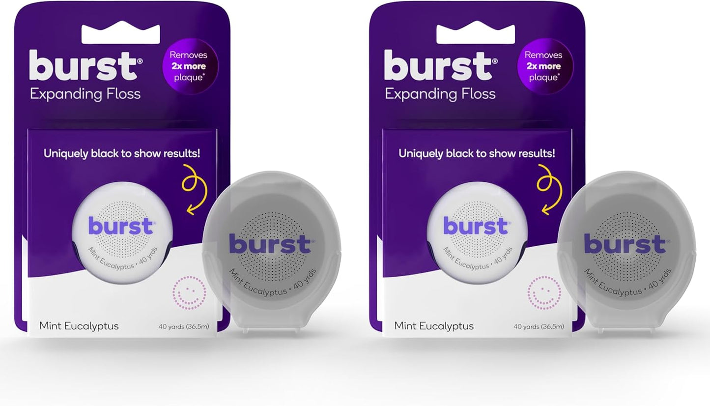BURST Expanding Dental Floss (Mint Eucalyptus/80 Yards) | Stain Absorbing & Woven with Xylitol Coating to Fight Cavities | Vegan | Paraben Free
